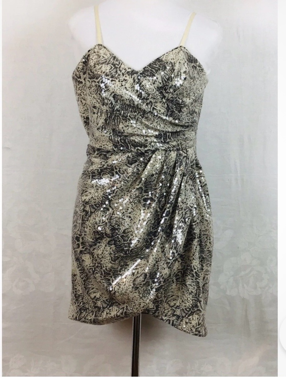Oleg Cassini Vintage Champagne and Black Sequin Draped Mini Dress-snake print